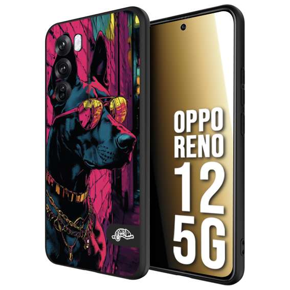 CUSTOMIZZA - Custodia cover nera morbida in tpu compatibile per Oppo Reno 12 5G animali cyberpunk dobermann cane street dog fucsia blu