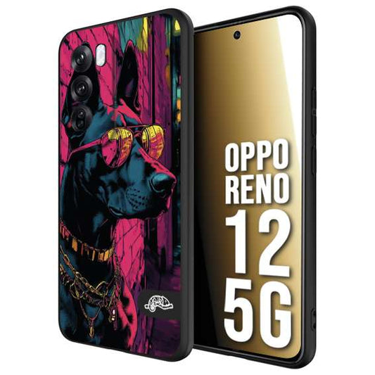 CUSTOMIZZA - Custodia cover nera morbida in tpu compatibile per Oppo Reno 12 5G animali cyberpunk dobermann cane street dog fucsia blu