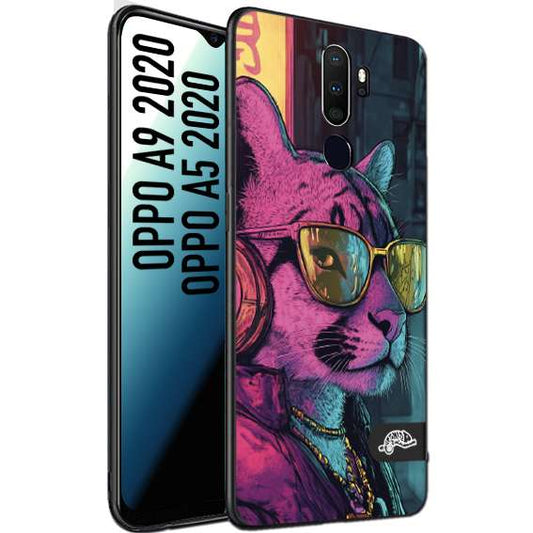 CUSTOMIZZA - Custodia cover nera morbida in tpu compatibile per Oppo A9 2020 - A5 2020 animali cyberpunk pantera street cat fucsia blu giallo