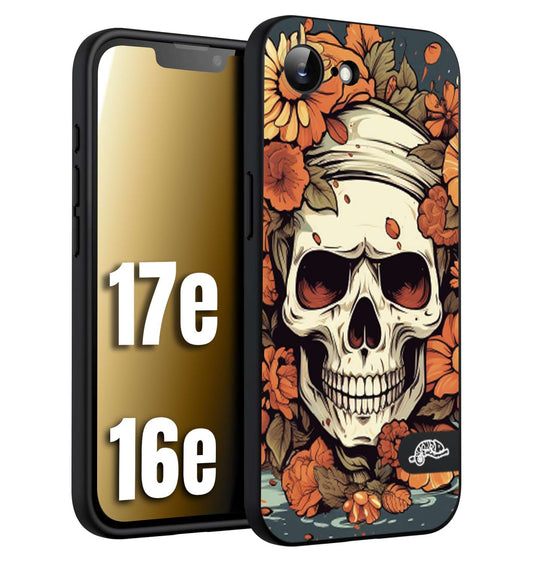 CUSTOMIZZA - Custodia cover nera morbida in tpu compatibile per iPhone 16E - 17E teschio skull flowers fiori tattoo disegnato alta definizione