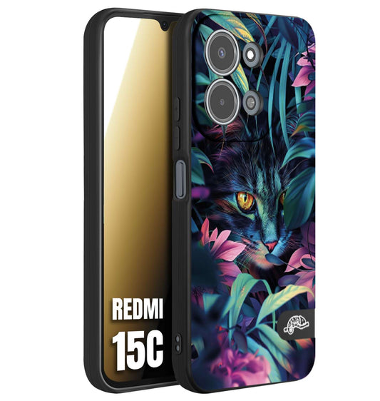 CUSTOMIZZA - Custodia cover nera morbida in tpu compatibile per Xiaomi Redmi 15C animali color giungla tropicale occhio di gatto colori vibranti disegnato