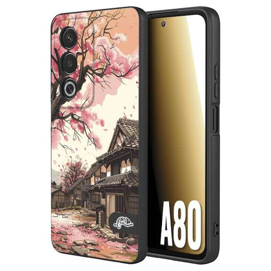 CUSTOMIZZA - Custodia cover nera morbida in tpu compatibile per Oppo A80 casa giapponese rosa ciliegio in fiore disegnata tattoo