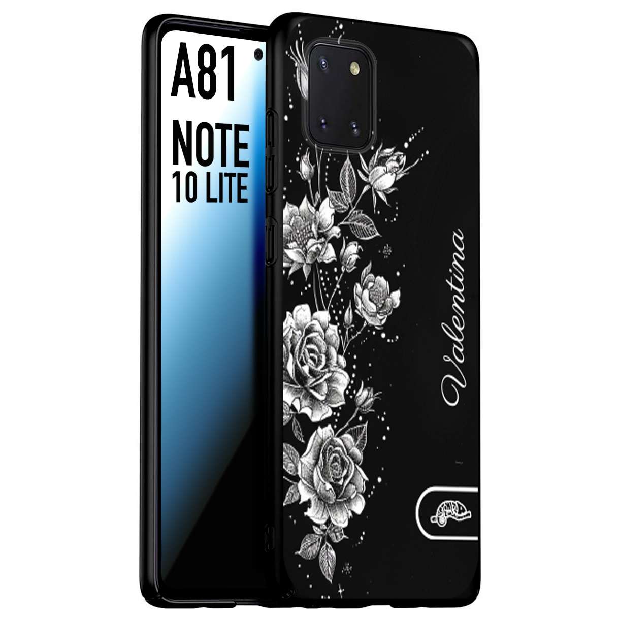 CUSTOMIZZA - Custodia cover nera morbida in tpu compatibile per Samsung A81 - Note 10 Lite a rilievo soft touch personalizzata nome rose fiori donna