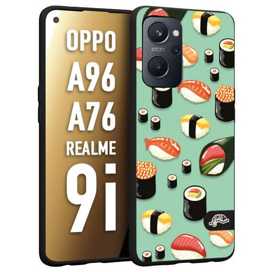 CUSTOMIZZA - Custodia cover nera morbida in tpu compatibile per Oppo Realme 9i - A96 - A76 sushi disegni giapponese nighiri acquamarina verde