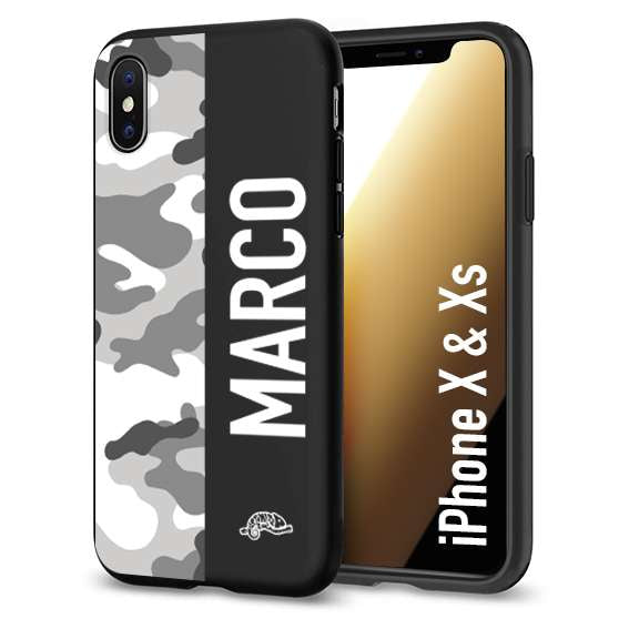 CUSTOMIZZA - Custodia cover nera morbida in tpu compatibile per iPhone X - Xs camouflage mimetico militare personalizzata nome bianco