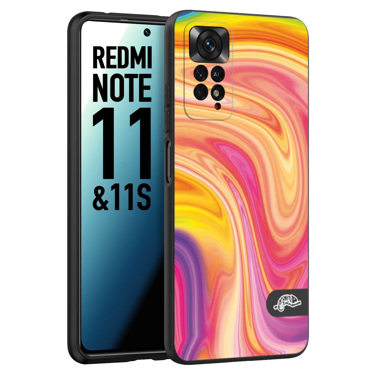 CUSTOMIZZA - Custodia cover nera morbida in tpu compatibile per Xiaomi Redmi Note 11 -  Note 11S colorata fantasia vortice marmo onde rosa fucsia gialla