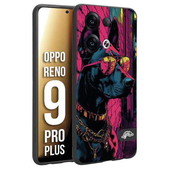 CUSTOMIZZA - Custodia cover nera morbida in tpu compatibile per Oppo Reno 9 PRO PLUS animali cyberpunk dobermann cane street dog fucsia blu