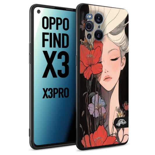 CUSTOMIZZA - Custodia cover nera morbida in tpu compatibile per Oppo Find X3 - Find X3 Pro 5G woman flower Fantasia Floreale Design Donna e Fiori, Retro Artistico