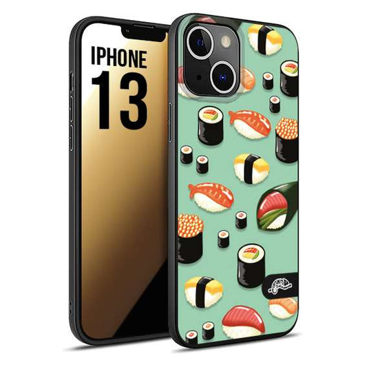 CUSTOMIZZA - Custodia cover nera morbida in tpu compatibile per iPhone 13 sushi disegni giapponese nighiri acquamarina verde