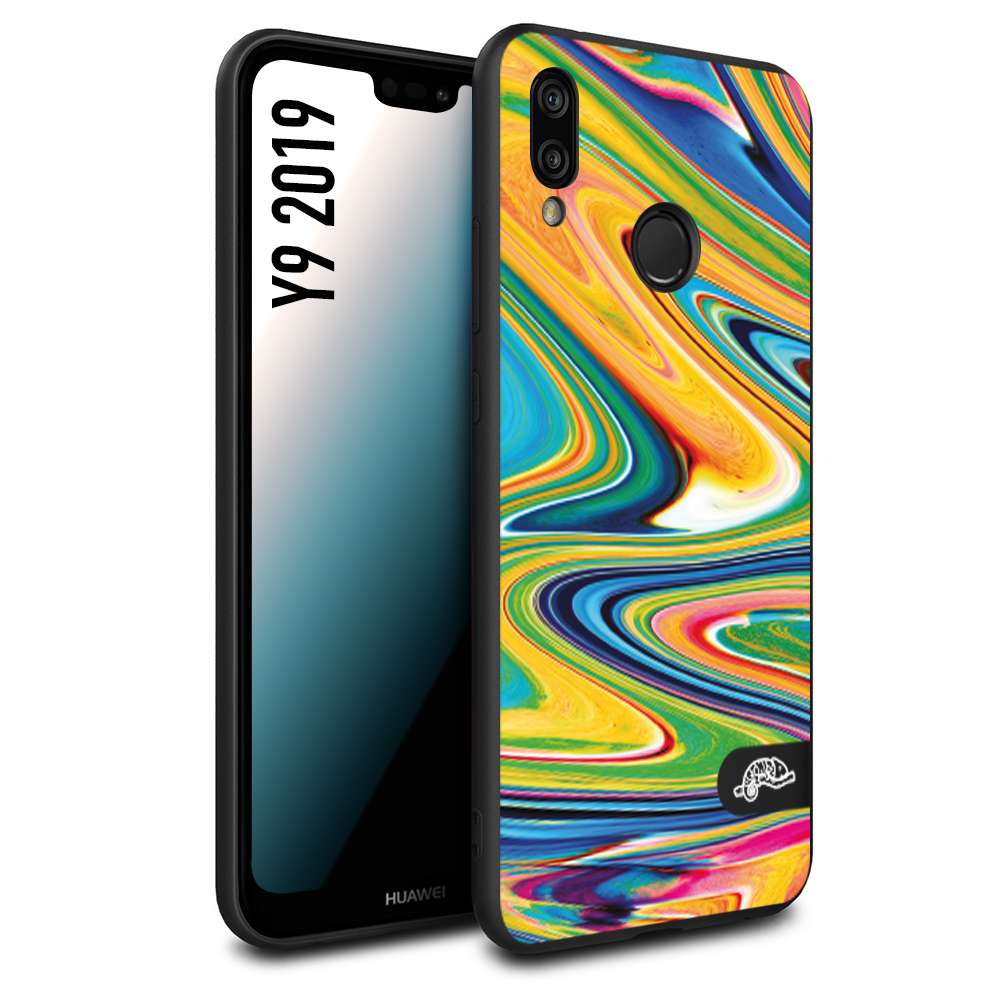 CUSTOMIZZA - Custodia cover nera morbida in tpu compatibile per Huawei Y9 2019 colorata fantasia vortice marmo arcobaleno gialla verde blu