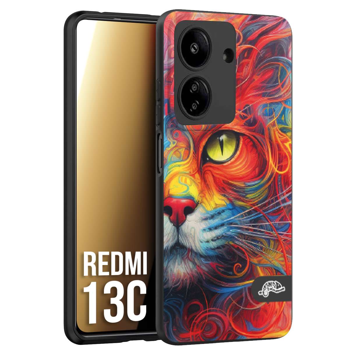 CUSTOMIZZA - Custodia cover nera morbida in tpu compatibile per Xiaomi Redmi 13C animali color cat gatto viso colori vibranti disegnato schizzo