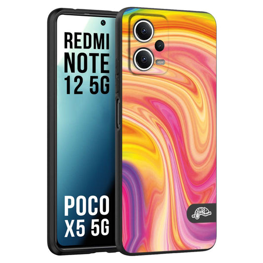 CUSTOMIZZA - Custodia cover nera morbida in tpu compatibile per Xiaomi Redmi Note 12 5G - POCO X5 5G colorata fantasia vortice marmo onde rosa fucsia gialla