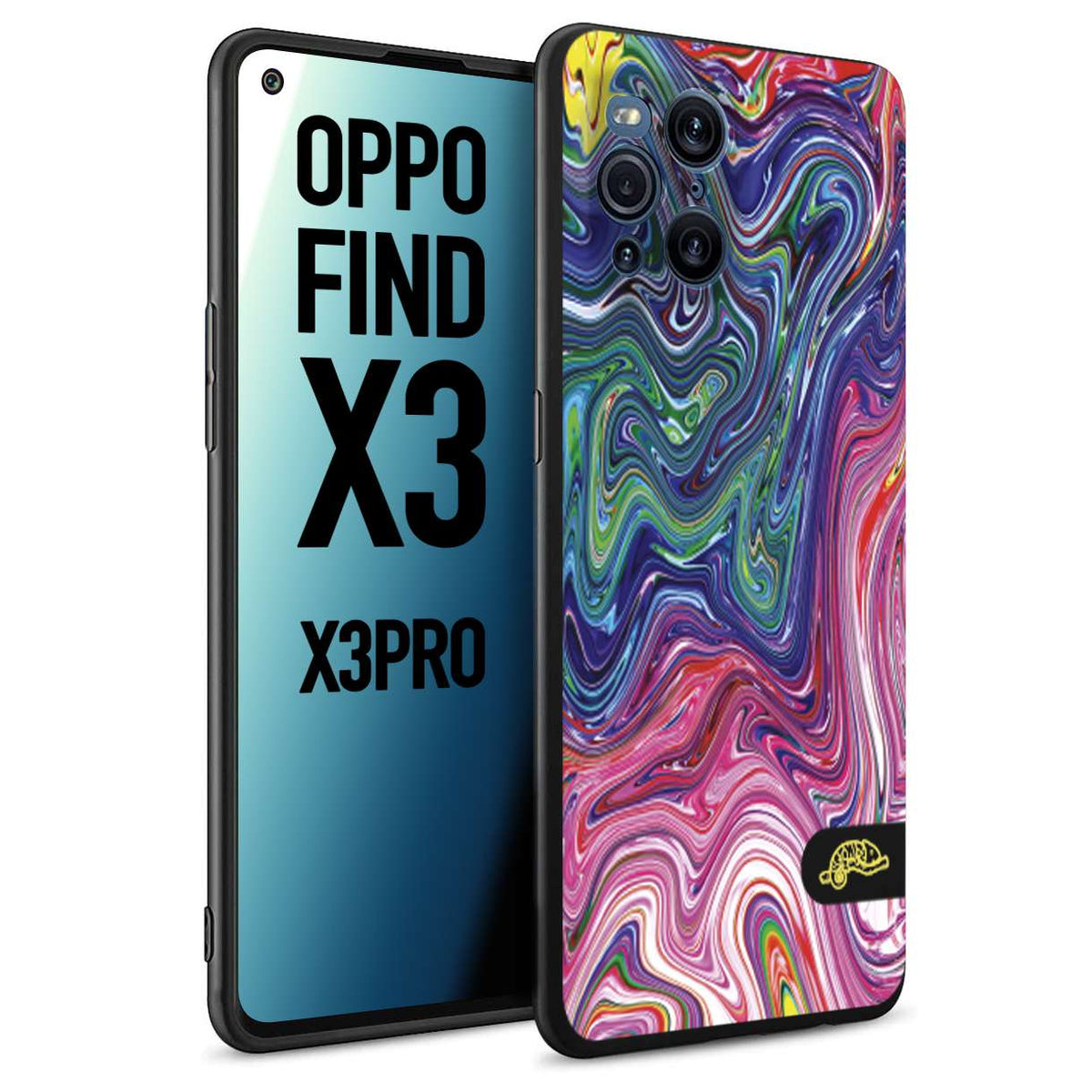 CUSTOMIZZA - Custodia cover nera morbida in tpu compatibile per Oppo Find X3 - Find X3 Pro 5G colorata fantasia vortice marmo arcobaleno rosa blu fucsia