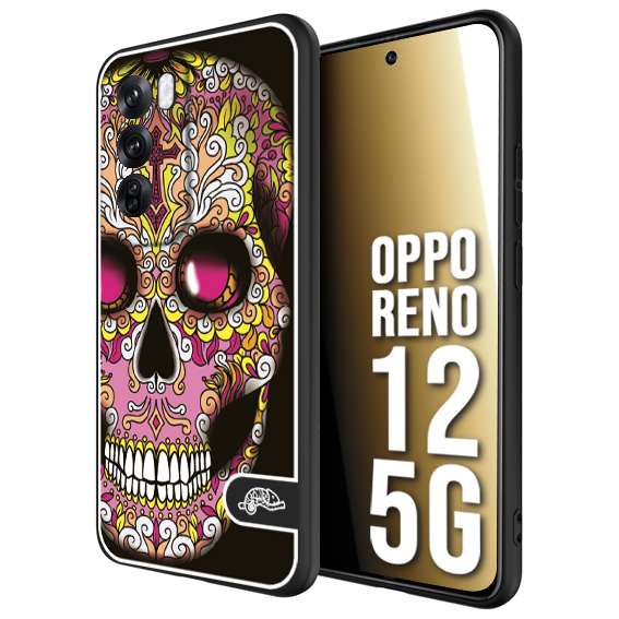 CUSTOMIZZA - Custodia cover nera morbida in tpu compatibile per Oppo Reno 12 5G teschio messicano Mexican skull rosa gialla
