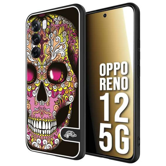 CUSTOMIZZA - Custodia cover nera morbida in tpu compatibile per Oppo Reno 12 5G teschio messicano Mexican skull rosa gialla