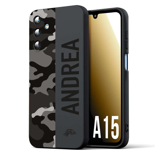 CUSTOMIZZA - Custodia cover nera morbida in tpu compatibile per Samsung A15 5G camouflage mimetico militare personalizzata nome