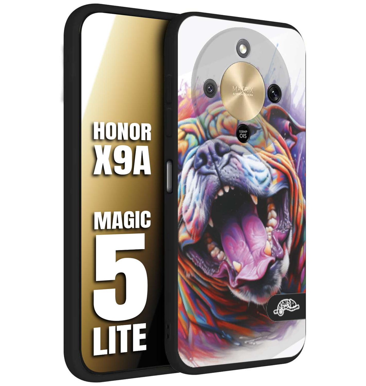 CUSTOMIZZA - Custodia cover nera morbida in tpu compatibile per Honor X9A - Honor Magic 5 Lite animali color bulldog cane dog colori vibranti disegnato schizzo