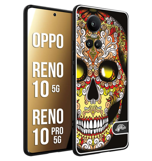 CUSTOMIZZA - Custodia cover nera morbida in tpu compatibile per Oppo Reno 10 5G - 10 PRO 5G teschio messicano Mexican skull giallo rosso arancio