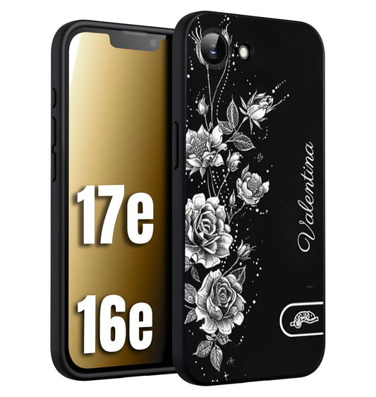 CUSTOMIZZA - Custodia cover nera morbida in tpu compatibile per iPhone 16E - 17E personalizzata rilievo soft touch nome rose fiori donna