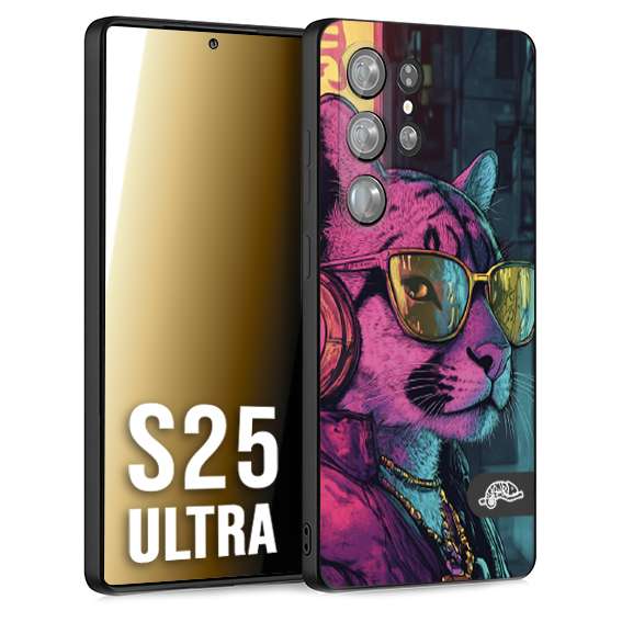 CUSTOMIZZA - Custodia cover nera morbida in tpu compatibile per Samsung S25 ULTRA animali cyberpunk pantera street cat fucsia blu giallo