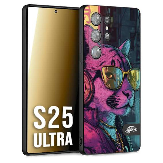 CUSTOMIZZA - Custodia cover nera morbida in tpu compatibile per Samsung S25 ULTRA animali cyberpunk pantera street cat fucsia blu giallo