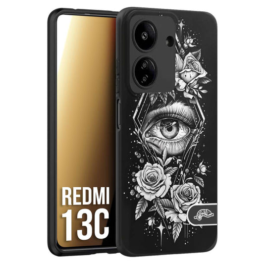 CUSTOMIZZA - Custodia cover nera morbida in tpu compatibile per Xiaomi Redmi 13C occhio fiori rombo geometrico black and white bianco a rilievo disegnato tattoo tatuaggio