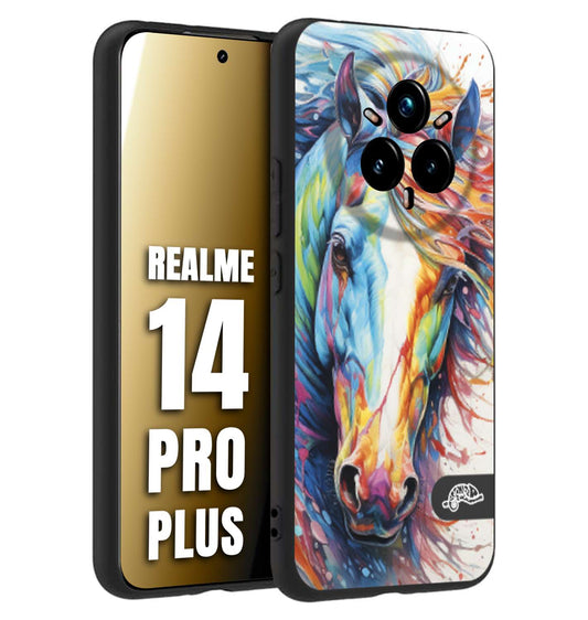 CUSTOMIZZA - Custodia cover nera morbida in tpu compatibile per Realme 14 PRO PLUS animali color cavallo horse viso colori vibranti disegnato schizzo