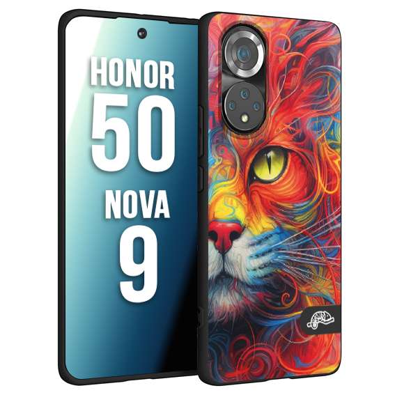 CUSTOMIZZA - Custodia cover nera morbida in tpu compatibile per Huawei Nova 9 - Honor 50 animali color cat gatto viso colori vibranti disegnato schizzo