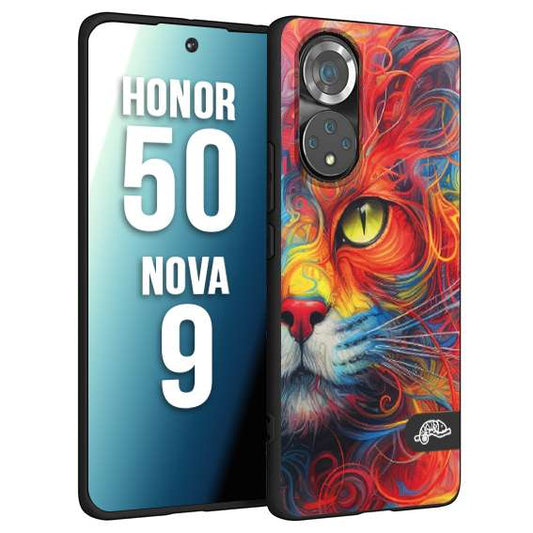 CUSTOMIZZA - Custodia cover nera morbida in tpu compatibile per Huawei Nova 9 - Honor 50 animali color cat gatto viso colori vibranti disegnato schizzo