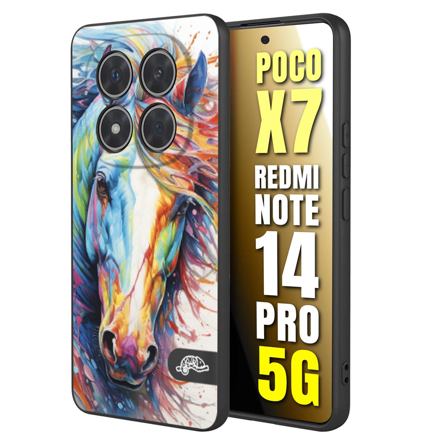 CUSTOMIZZA - Custodia cover nera morbida in tpu compatibile per Xiaomi Redmi Note 14 PRO 5G animali color cavallo horse viso colori vibranti disegnato schizzo