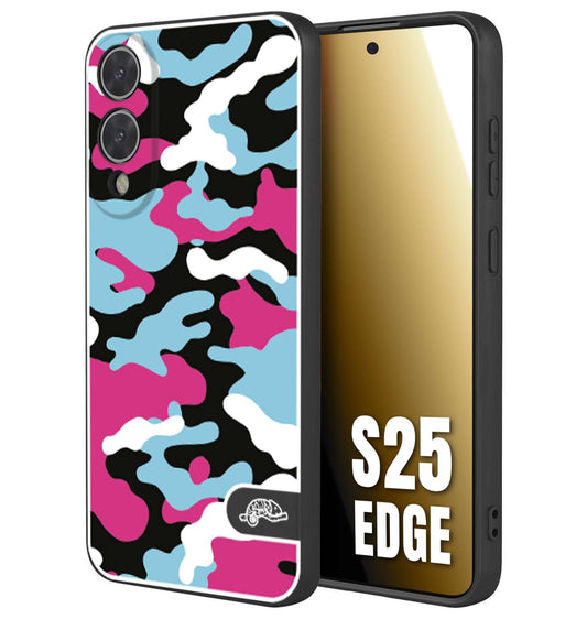 CUSTOMIZZA - Custodia cover nera morbida in tpu compatibile per Samsung S25 EDGE camouflage mimetico militare fucsia celeste