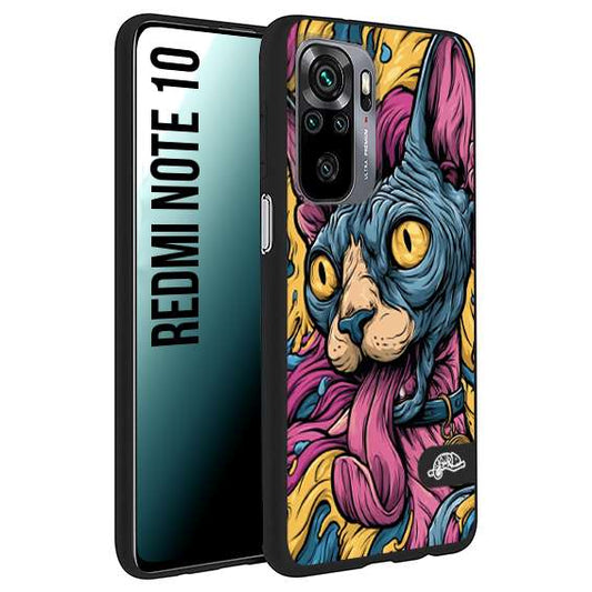 CUSTOMIZZA - Custodia cover nera morbida in tpu compatibile per Xiaomi Redmi Note 10 Sphynx Colorato Pop Art Psichedelico Gatto Blu Rosa Giallo Artistica Fantasy
