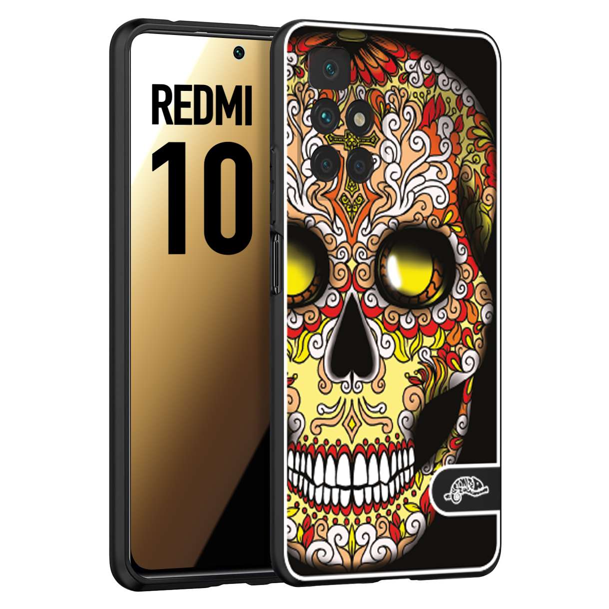 CUSTOMIZZA - Custodia cover nera morbida in tpu compatibile per Xiaomi Redmi 10 teschio messicano Mexican skull giallo rosso arancio