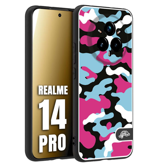 CUSTOMIZZA - Custodia cover nera morbida in tpu compatibile per Realme 14 PRO camouflage mimetico militare fucsia celeste