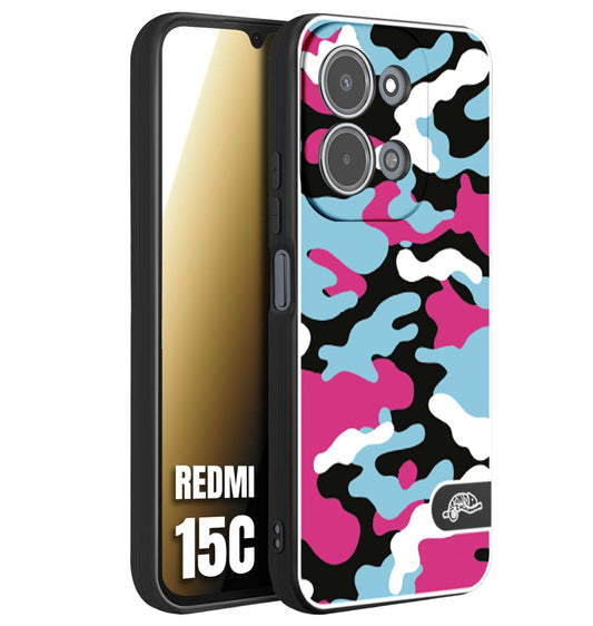 CUSTOMIZZA - Custodia cover nera morbida in tpu compatibile per Xiaomi Redmi 15C camouflage mimetico militare fucsia celeste