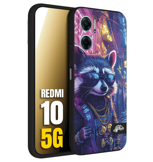 CUSTOMIZZA - Custodia cover nera morbida in tpu compatibile per Xiaomi Redmi 10 5G animali simpatici cyberpunk procione racoon street cat fucsia blu giallo
