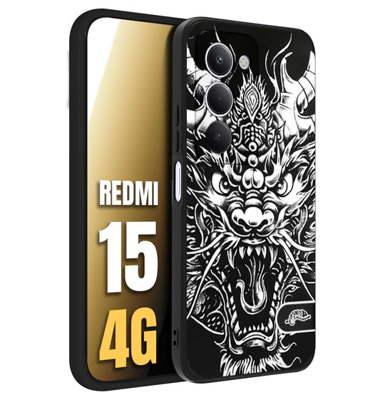 CUSTOMIZZA - Custodia cover nera morbida in tpu compatibile per Xiaomi Redmi 15 4G drago black and white bianco a rilievo disegnato tattoo tatuaggio