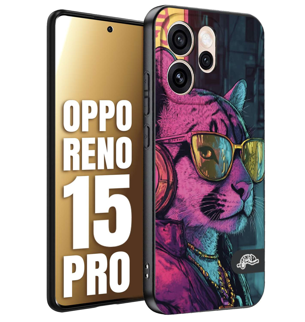 CUSTOMIZZA - Custodia cover nera morbida in tpu compatibile per Oppo Reno 15 PRO animali cyberpunk pantera street cat fucsia blu giallo