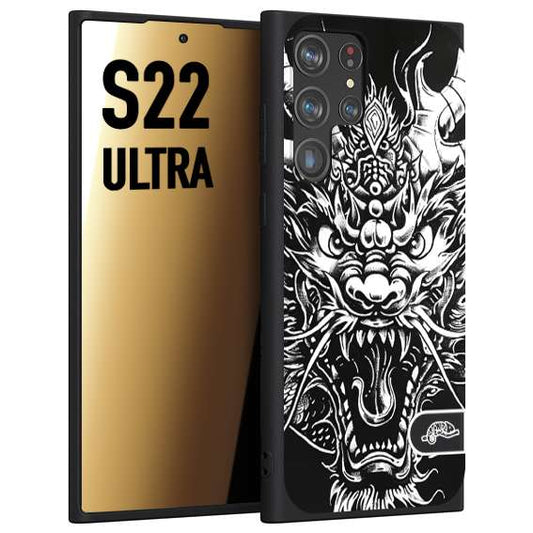 CUSTOMIZZA - Custodia cover nera morbida in tpu compatibile per Samsung S22 ULTRA drago black and white bianco a rilievo disegnato tattoo tatuaggio