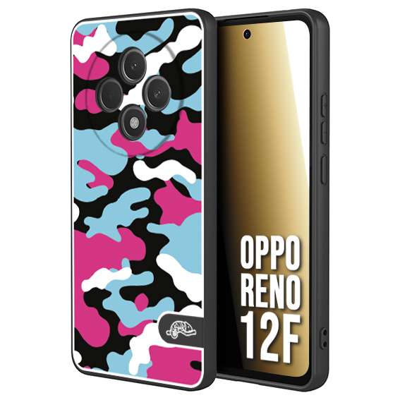 CUSTOMIZZA - Custodia cover nera morbida in tpu compatibile per Oppo Reno 12F camouflage mimetico militare fucsia celeste