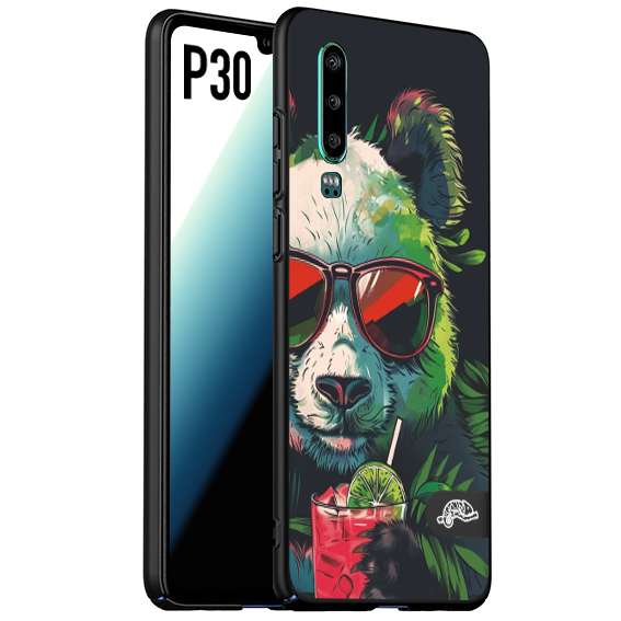 CUSTOMIZZA - Custodia cover nera morbida in tpu compatibile per Huawei P30 estate disegnata cocktails animali simpatici panda mojito