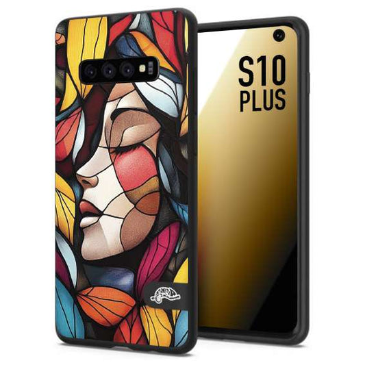 CUSTOMIZZA - Custodia cover nera morbida in tpu compatibile per Samsung S10 PLUS Vetrata artistica volto di donna profilo fogliare mosaico di vetro colorato