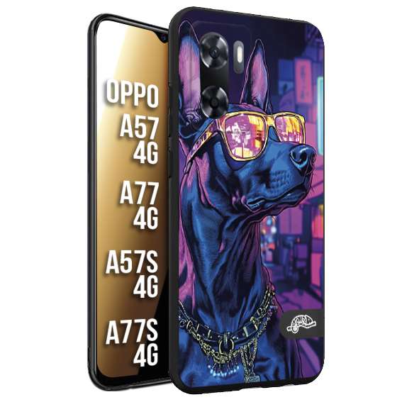 CUSTOMIZZA - Custodia cover nera morbida in tpu compatibile per Oppo A57 - A77 - A57S - A77S (4G) animali cyberpunk dobermann cane street dog fucsia blu night
