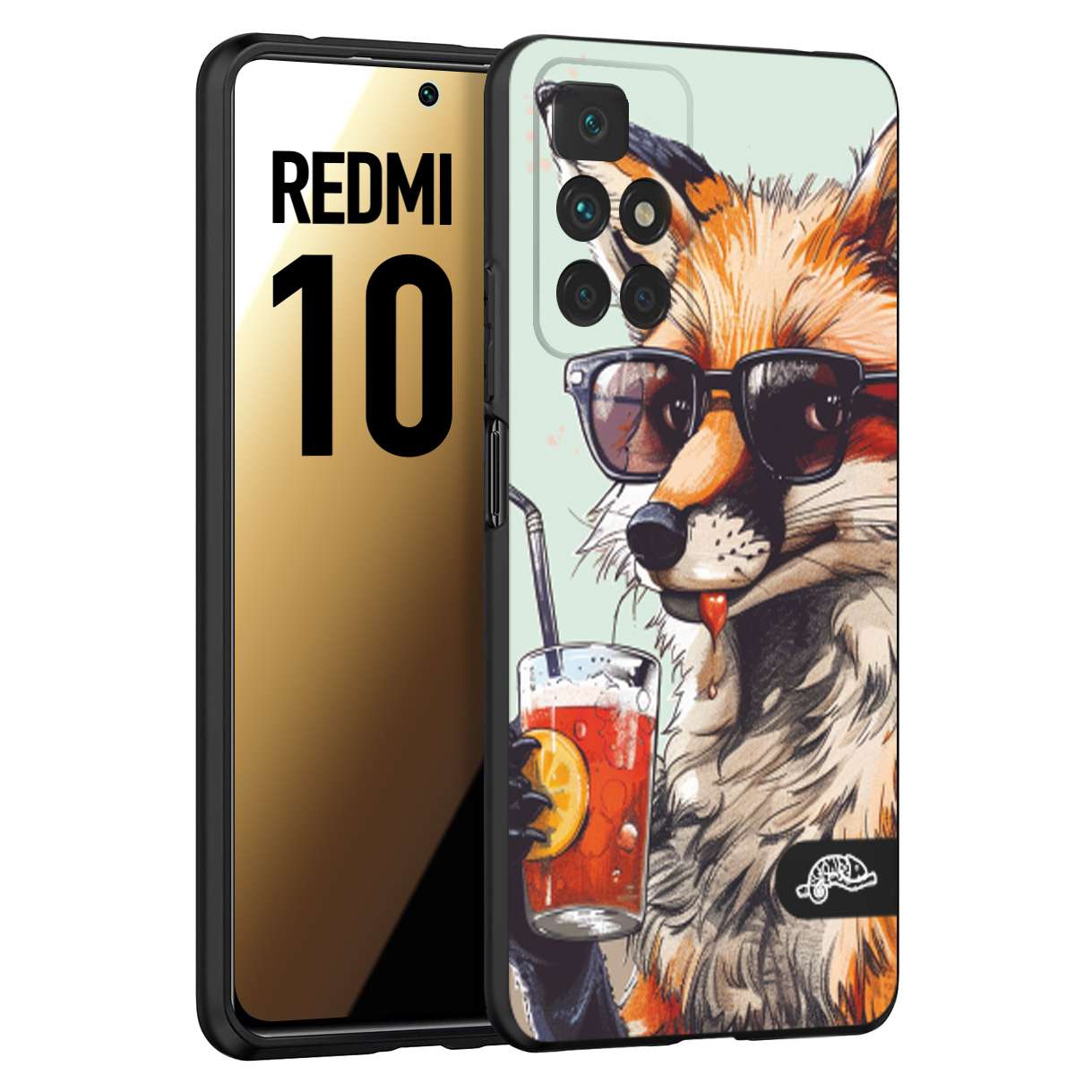 CUSTOMIZZA - Custodia cover nera morbida in tpu compatibile per Xiaomi Redmi 10 estate disegnata cocktails animali simpatici fox volpe negroni