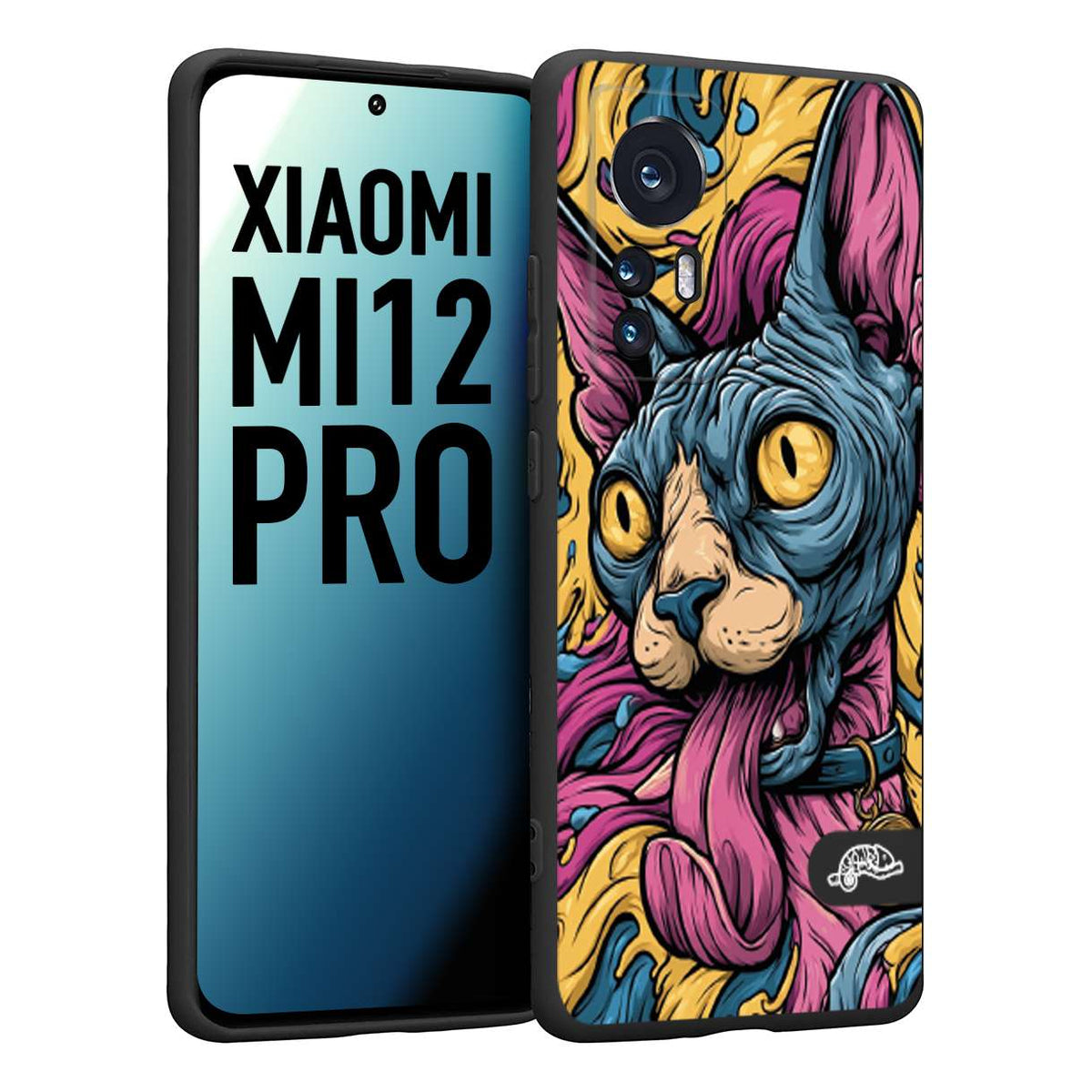 CUSTOMIZZA - Custodia cover nera morbida in tpu compatibile per Xiaomi 12 PRO Sphynx Colorato Pop Art Psichedelico Gatto Blu Rosa Giallo Artistica Fantasy