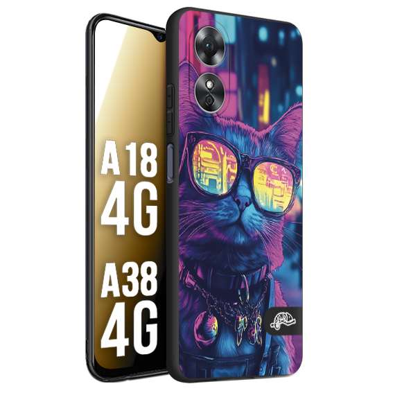 CUSTOMIZZA - Custodia cover nera morbida in tpu compatibile per Oppo A18 4G - A38 4G animali cyberpunk gatto street cat fucsia blu giallo