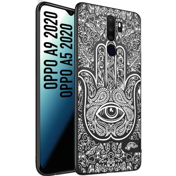 CUSTOMIZZA - Custodia cover nera morbida in tpu compatibile per Oppo A9 2020 - A5 2020 mano di fatima effetto rilievo mandala donna