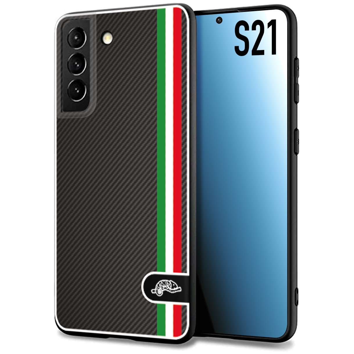 CUSTOMIZZA - Custodia cover nera morbida in tpu compatibile per Samsung S21 effetto fibra di carbonio bandiera Italia made in Italy