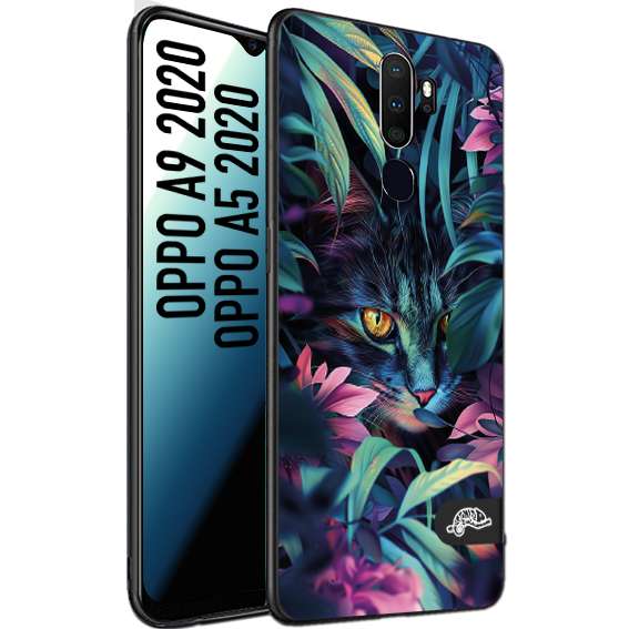 CUSTOMIZZA - Custodia cover nera morbida in tpu compatibile per Oppo A9 2020 - A5 2020 animali color giungla tropicale occhio di gatto colori vibranti disegnato