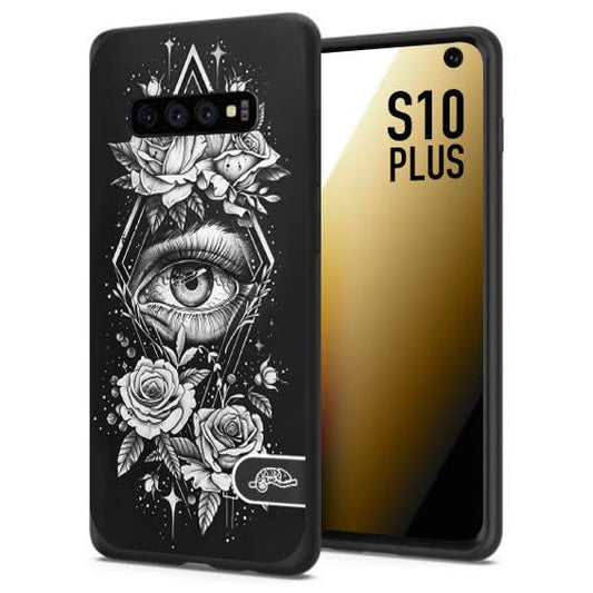 CUSTOMIZZA - Custodia cover nera morbida in tpu compatibile per Samsung S10 PLUS occhio fiori rombo geometrico black and white bianco a rilievo disegnato tattoo tatuaggio